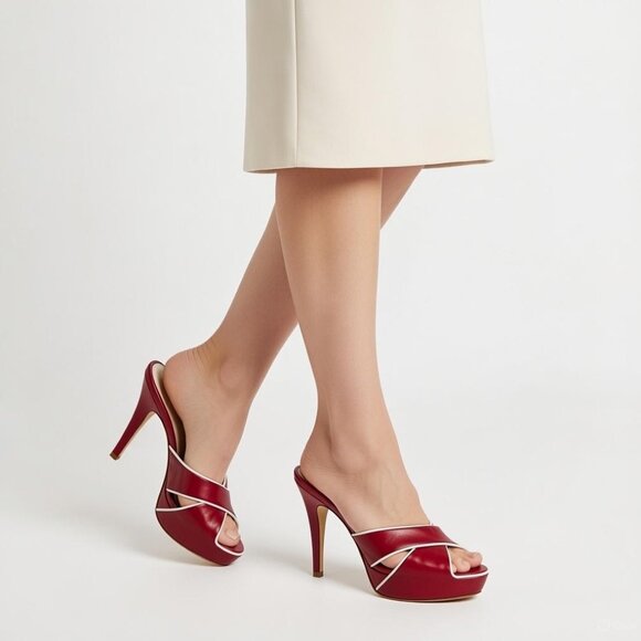 Prada Vitello Raspberry Beige Leather Platform Peep Toe High Heel Sandals